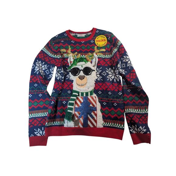 Holiday Time Llama Ugly Christmas Sweater With Drink Pouch Adult Size Small - Picture 1 of 5
